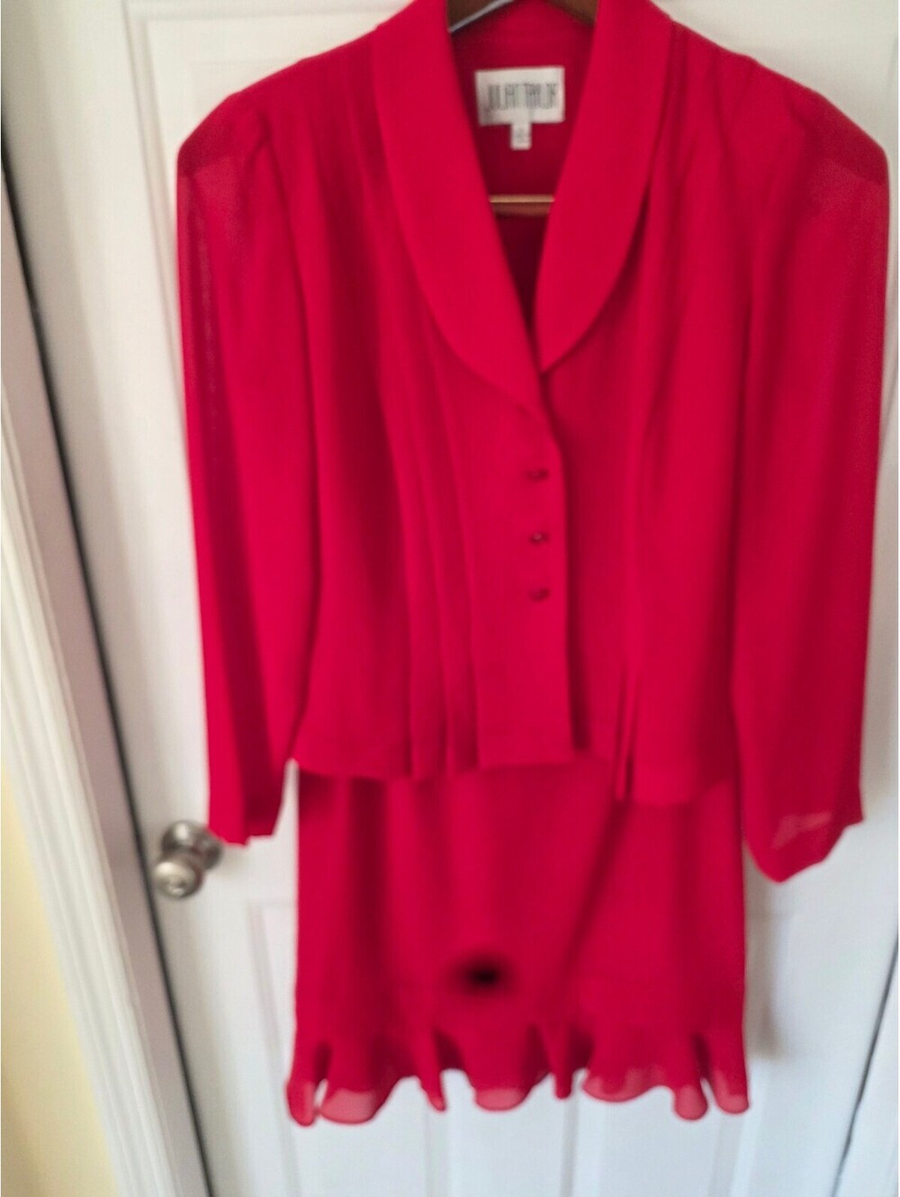 Julian Taylor Women's Red Two-Piece Dress Suit with Ruffle Hem, Size 8
